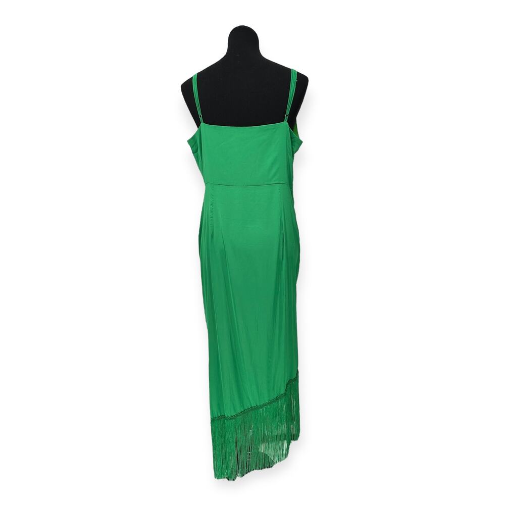 Showpo | Size 12 | Rholie Emerald Midi Plunge Neck Fringe Hem Fixed Wrap Dress - Picture 9 of 11